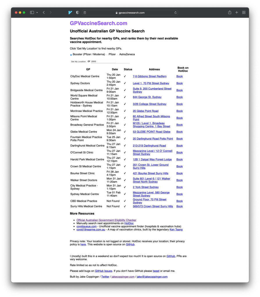 Screenshot of GP Vaccine Search